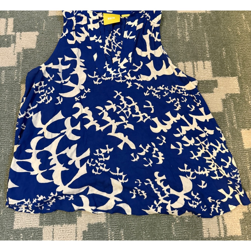 Maeve Anthropologie Blue White Bird Print Sleeveless Split V-Neck Blouse Size 4